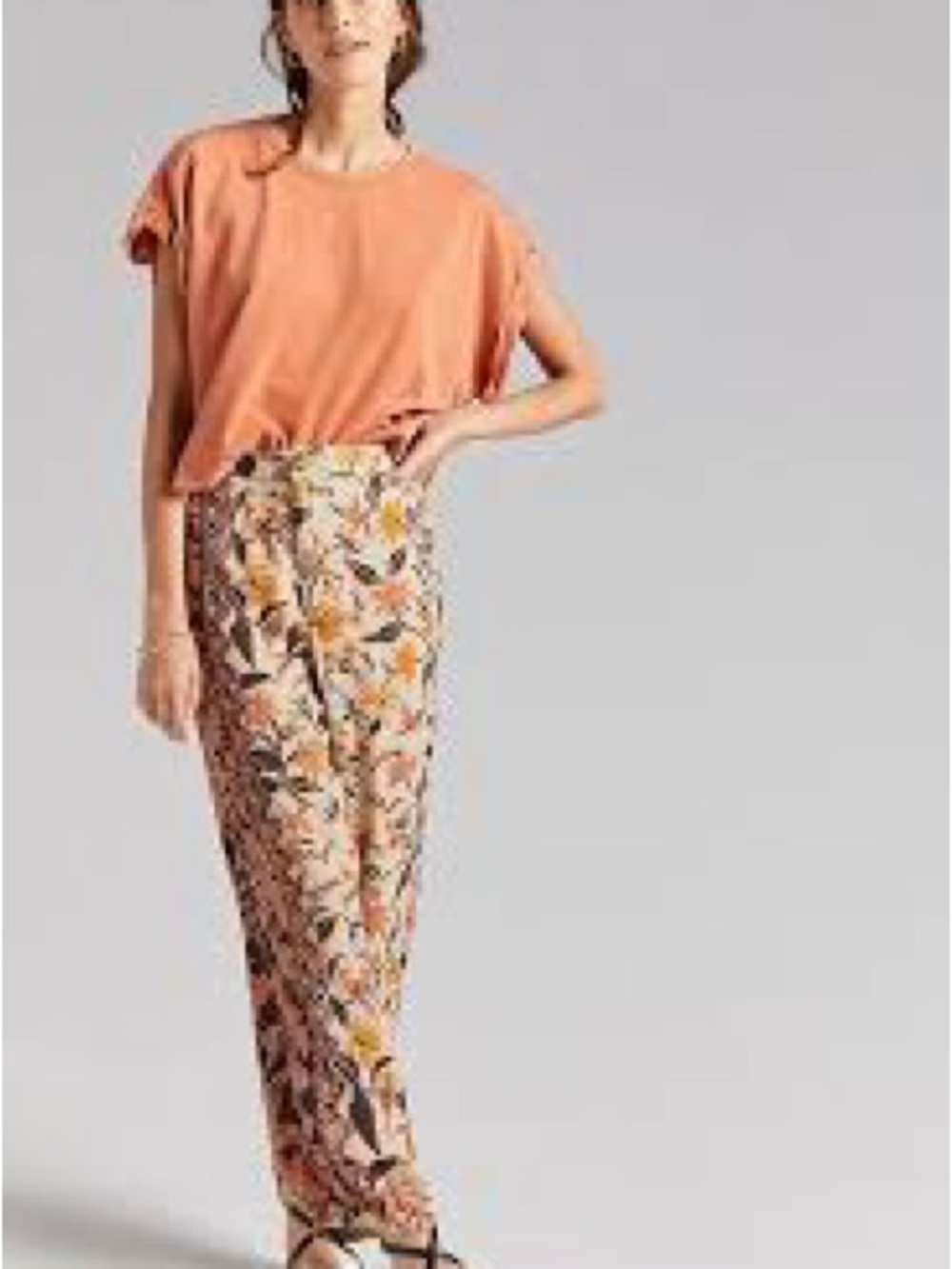 Anthropologie Floral Straight-Leg Pants in Peach and Yellow